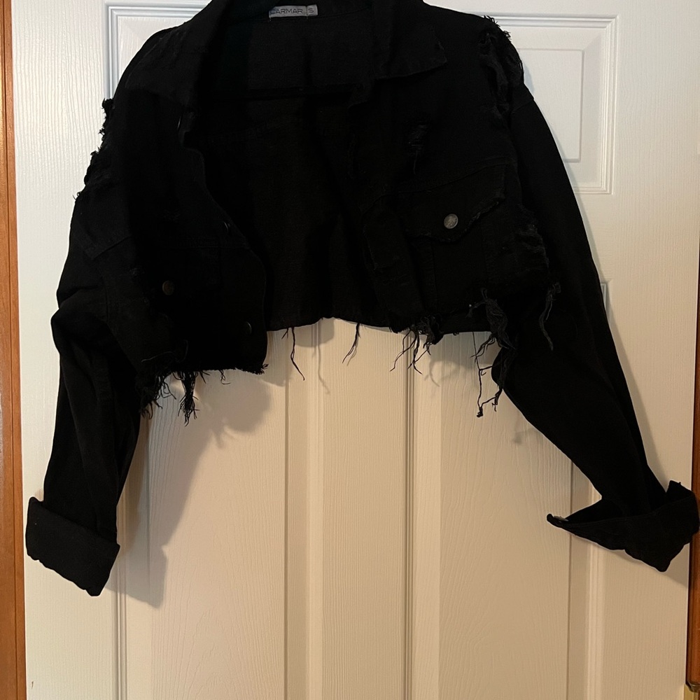 Carmar Black Cropped Jean Jacket Distressed